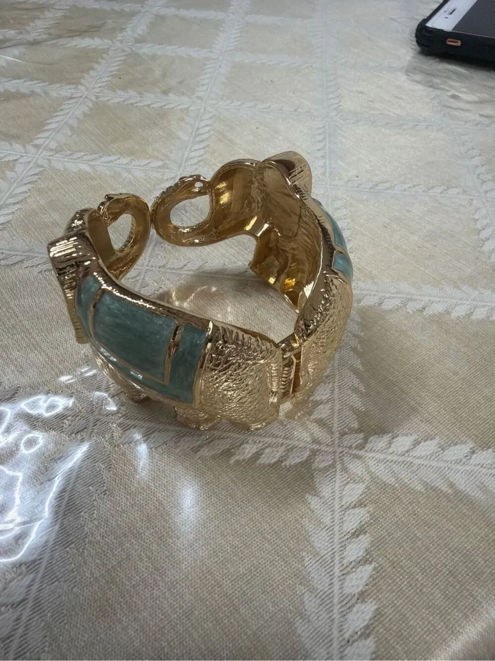 Gold Tone Textured Elephant Hinged Cuff Bracelet | Mint Green Enamel Trunk-Up St